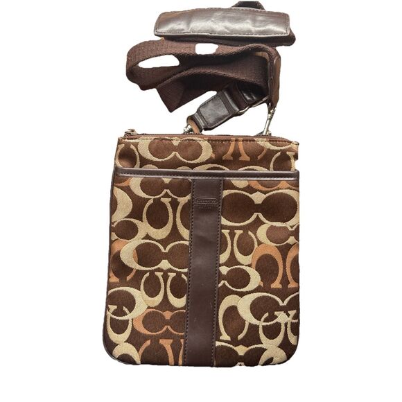 Coach Handbags - Coach Brown Beige Crossbody Shoulder Bag Logo Leather Trim Adjustable Women